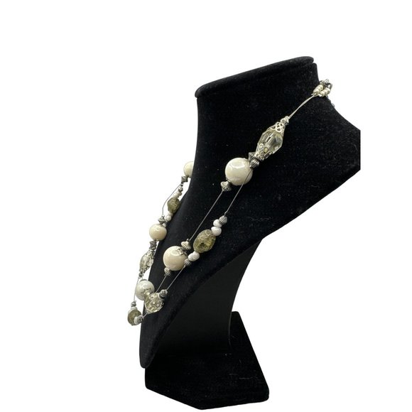 Two Strand Silver and White Beaded Necklace 18 inch with 3 inch extender - Picture 3 of 5